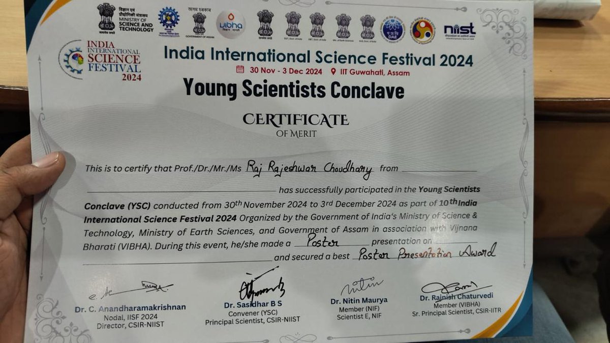 sangee_felix's tweet image. Congratulations Raj Rajeshwar Choudhury from Dr Neeru Saini&apos;s Lab on securing the Best Poster presentation Award @IISF_2024 at @IITGuwahati 
@IGIBSocial @CSIR_IND @souvik_csir