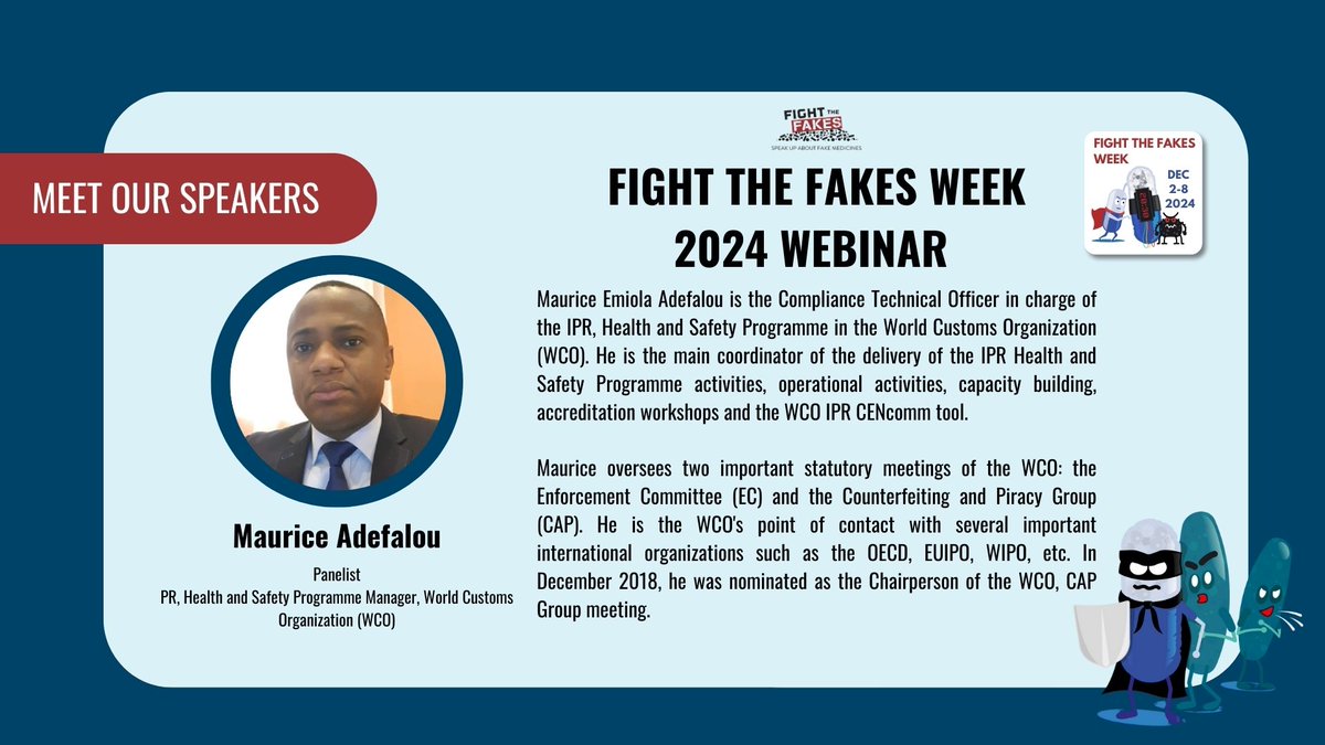 Fight the Fakes Alliance (@fightthefakes) on Twitter photo Meet our speaker Maurice Emiola ADEFALOU, PR, Health & Safety Programme Manager, <a href="/WCO_OMD/">World Customs Organization</a>.
đź“… Thursday, 5 December 2024
⏰ 15:00 – 16:00 European time
Don't miss <a href="/FightTheFakes/">Fight the Fakes Alliance</a> upcoming webinar on Thursday!👉 bit.ly/4hL1uKw
#StopFakeMeds #FightTheFakes #FTFweek Meet our speaker Maurice Emiola ADEFALOU, PR, Health & Safety Programme Manager, <a href="/WCO_OMD/">World Customs Organization</a>.
đź“… Thursday, 5 December 2024
⏰ 15:00 – 16:00 European time
Don't miss <a href="/FightTheFakes/">Fight the Fakes Alliance</a> upcoming webinar on Thursday!👉 bit.ly/4hL1uKw
#StopFakeMeds #FightTheFakes #FTFweek