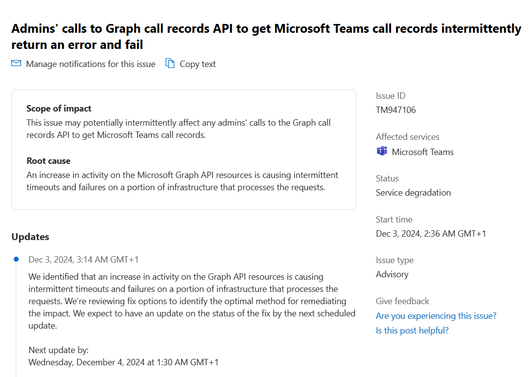 We apologize for the data delays on #MsGraph that seem to be caused by an open outage TM749106 on receiving call records - #MsTeams