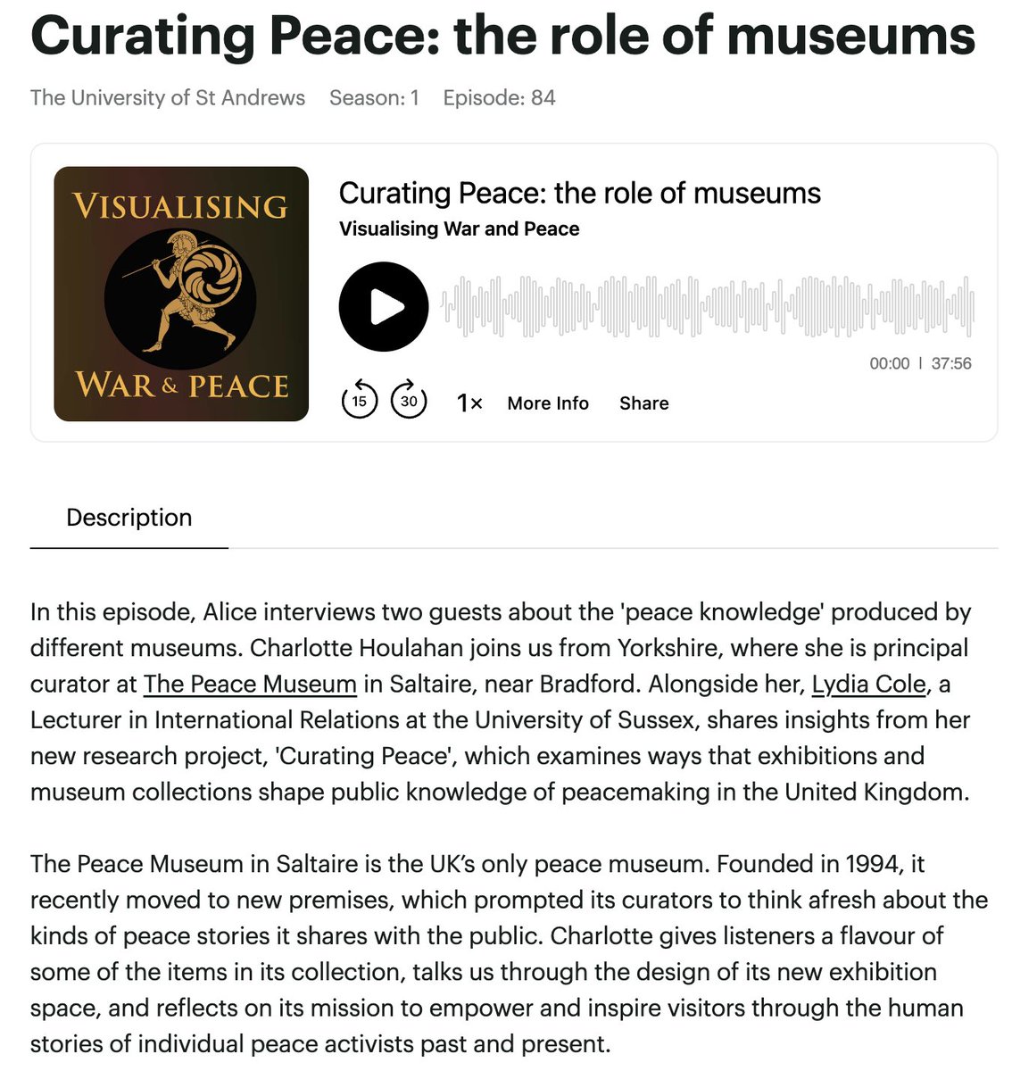 We have a new podcast out, on peace museums, featuring Charlotte Houlahan from <a href="/PeaceMuseumUK/">The Peace Museum</a> and <a href="/LydiaCCole/">Lydia Cole</a> from <a href="/SussexUni/">University of Sussex</a>. They talk peace storytelling, curation, empowerment and peacebuilding. Listen here to find out more! buzzsprout.com/1717787/episod….