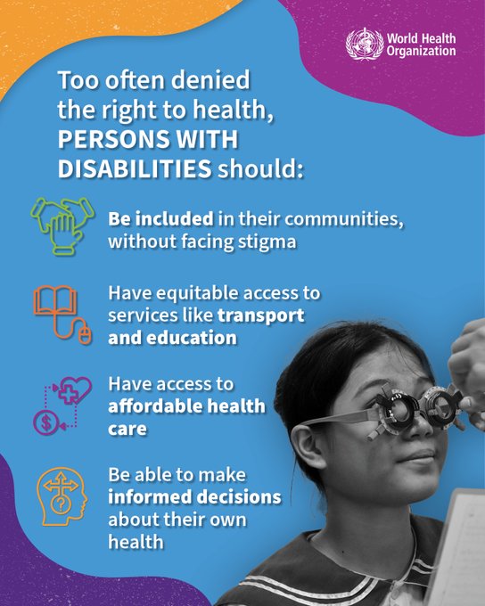 Today is the International Day of Persons with Disabilities! 

1️⃣ in 6️⃣ people worldwide experience a significant disability.  Yet those of us who already face serious restrictions and barriers in life often have our right to health limited.  

Ask what your health services are