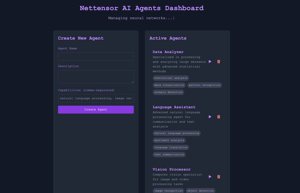 nettensor's tweet image. 📢 Announcement: First Steps in AI Agents Development
We're excited to share a glimpse into the first prototype of our AI Agents project! 🚀
This prototype represents our commitment to exploring and integrating cutting-edge AI technology within Nettensor’s ecosystem. As we…