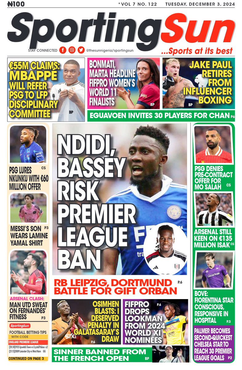 standard_ngr's tweet photo. 14. @thesunnigeria
- #EndBadGovernance IGP orders probe of alleged killings, arrests of protesters
15. Sporting Sun
- Palmer becomes second-quickest Chelsea star to reach 30 Premier League goals
Tags: Saka Lookman Atalanta Ikorodu City #facup3rdRoundDraw #PremierLeague https://t.co/xb7uYcu45V