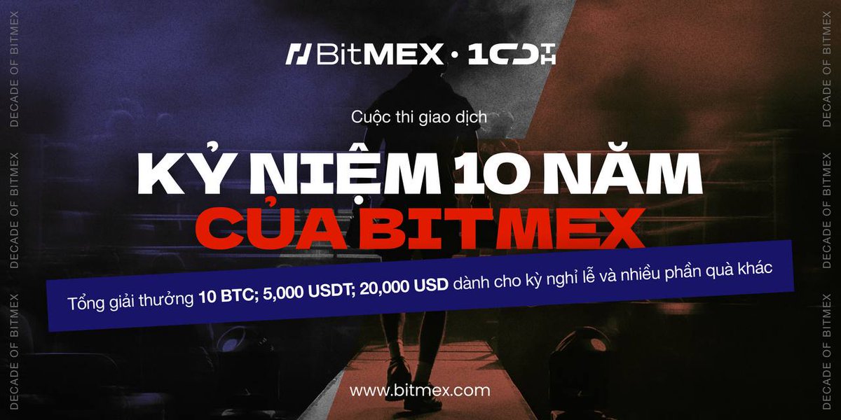 BitMEX kỷ niệm 10 năm hoạt động. 
Để đánh dấu cột mốc này, chúng tôi tổ chức cuộc thi giao dịch “Thập kỷ của BitMEX”.

Thời gian: 25/11 - 14/12
🎖 Giải thưởng:  lên đến 10 $BTC
➕ 5,000 USDT, 20,000 USD quỹ nghỉ lễ và nhiều phần quà khác.

Tham gia để