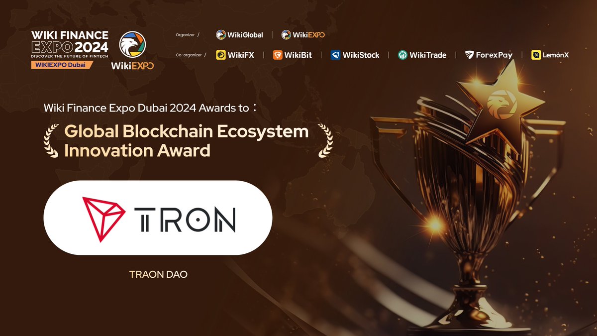 🌟 Congratulations to @justinsuntron and @trondao for winning this great  honor! At Wiki Finance EXPO Dubai 2024, Justin Sun was awarded the 