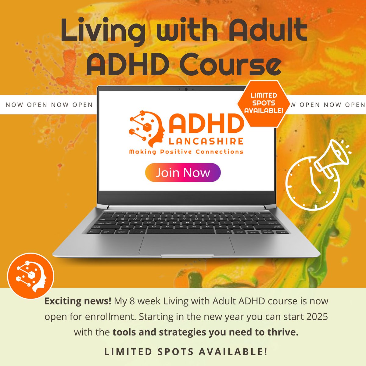 Starting Soon! 🚨Living with Adult ADHD Course, beginning 21st January 2025.

💡 Spaces are limited, and spots are already filling fast! 
📆 Act now before the December rush takes over. Visit adhdlancashire.com/adult-adhd-cou… to sign up today!

#ADHDCourse  #NewYearGoals #ADHDLancashire