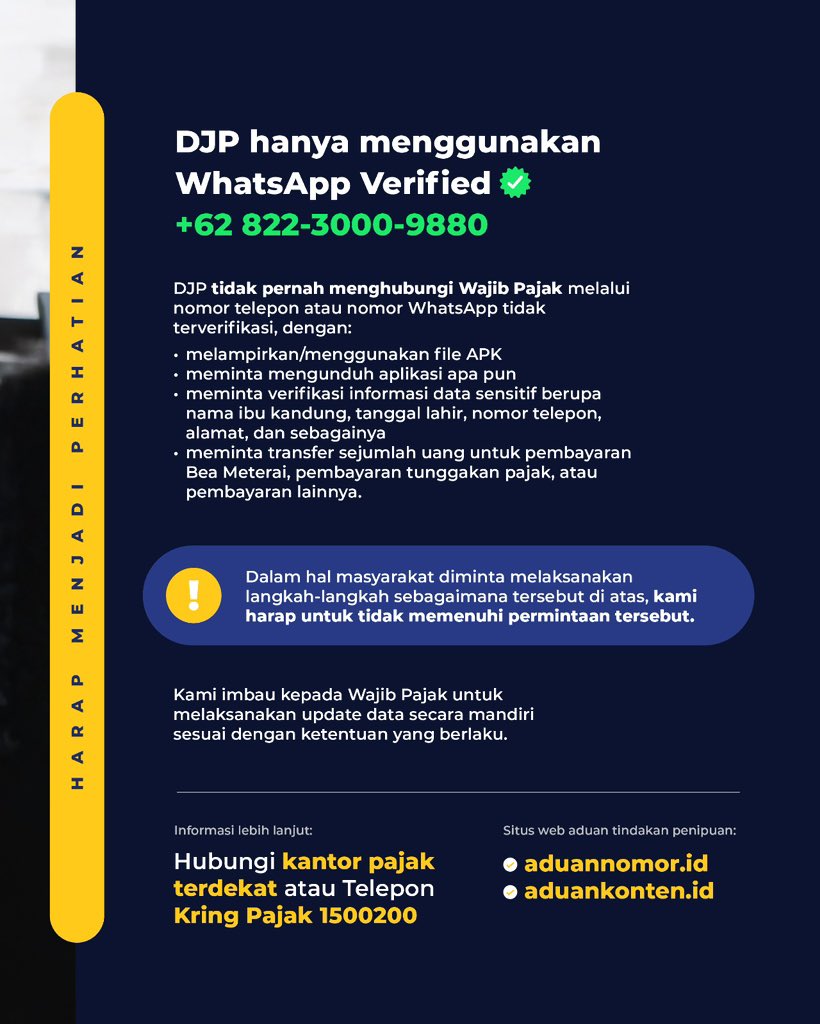 pajakpadangsatu's tweet photo. ditjenpajakri's profile picture
#KawanPajak, kini lebih aman dengan Multi-Factor Authentication (MFA) di https://t.co/vmW024mlhP.

DJP menghadirkan fitur MFA untuk jaminan perlindungan ekstra sehingga data #KawanPajak selalu terlindungi. https://t.co/LYyLhsMr5j