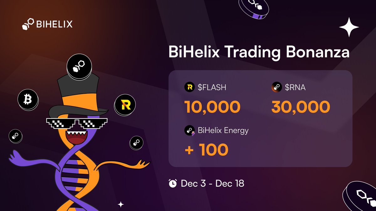 🔥 Start your December expedition with #BiHelix Trading Bonanza⛷️☃️

🏆Showcase your RGB20 trading mastery💪 on market.bihelix.io and compete for👇

10,000 $FLASH
30,000 $RNA 
... plus extra 100 #BiHelix Energy points per every address🚀

⏰Dec 3, 12pm UTC
🔚Dec 18, 12pm