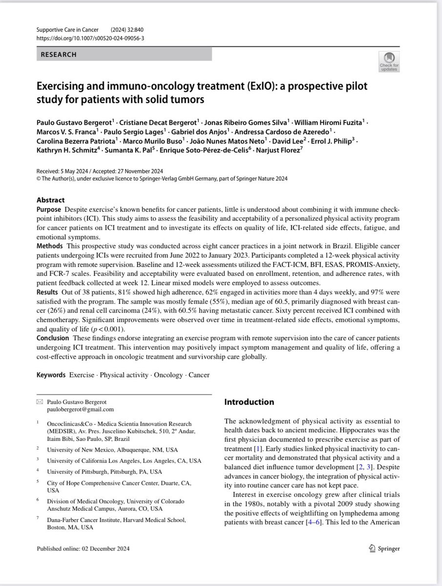 Enrique Grande (@drenriquegrande) on Twitter photo ⚡️ Exercise + immunotherapy? This study shows the feasibility of a remote, personalized exercise program for patients on ICIs, with 81% adherence and significant improvements in QoL, emotional symptoms, and side effects.
#Immunotherapy #ExerciseOncology <a href="/PauloBergerot/">Paulo G Bergerot</a> ⚡️ Exercise + immunotherapy? This study shows the feasibility of a remote, personalized exercise program for patients on ICIs, with 81% adherence and significant improvements in QoL, emotional symptoms, and side effects.
#Immunotherapy #ExerciseOncology <a href="/PauloBergerot/">Paulo G Bergerot</a>