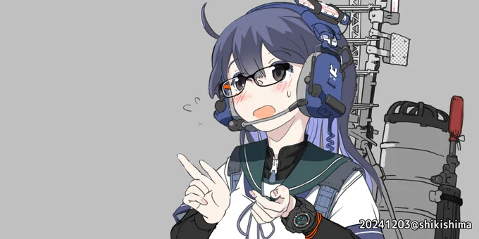 [冬コミのこと・艦これ本9]新刊作業がちょっとずつ進んでいます。人類側軍隊との合同演習で誤射防止のための敵味方識別デバイスを装備した駆逐艦娘「潮」。可愛く描けたので必要無いのに色までつけた。 