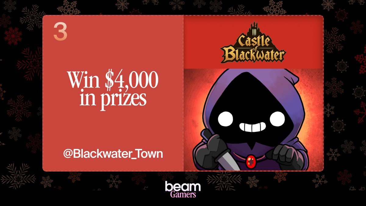 BeamGamers's tweet photo. 🌈 Beam Advent Calendar Day 3: Castle of Blackwater🎁

Unwrap joy with daily challenges!🎄

Today's challenge:
1⃣ Follow @BeamGamers &amp; @Blackwater_Town! 
2⃣ RT this post
3⃣ Complete the quests: https://t.co/l6LUNNEOeE

For a chance to win $4000 in prizes! 🎅
520 total winners!🥇 https://t.co/YYLB3G2hpw