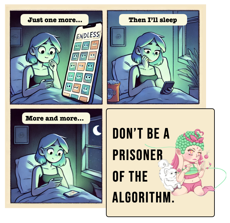 OYFANFAN_YY's tweet photo. The Social Media Trap 
📱Jenna endlessly scrolled videos, whispering, “Just one more video…” 
📷Fofo smirking: “Endless noise fills your time, but leaves you empty.” 
💥 Truth Bomb: Don’t be a prisoner of the algorithm.
#FofoTruthBombs #FofoJourney #AI #ComicWisdom #PanelStories https://t.co/64Uv3DLXZk