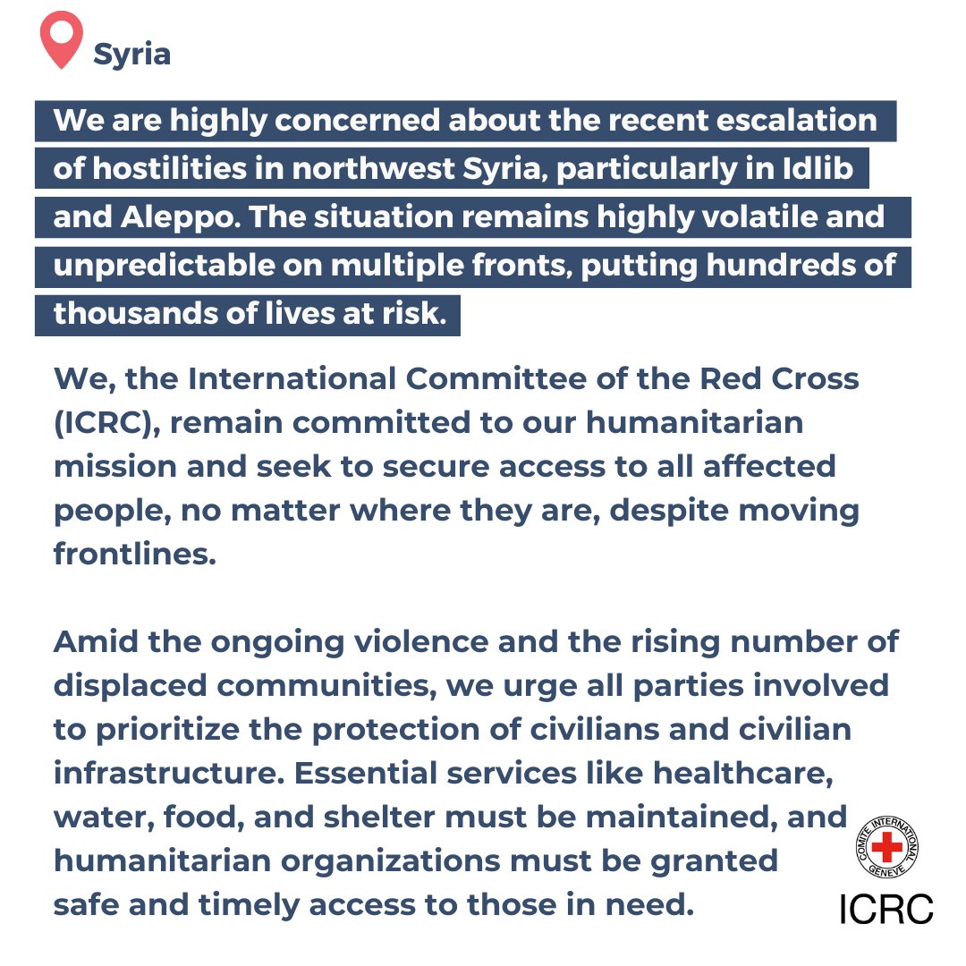 📍 Syria | We closely follow with concern the escalation of hostilities in northwest #Syria, particularly in Idlib and Aleppo. 

All parties involved need to prioritize the protection of civilians and civilian infrastructure. Follow <a href="/ICRC_sy/">ICRC Syria</a> for more updates 👇🏽