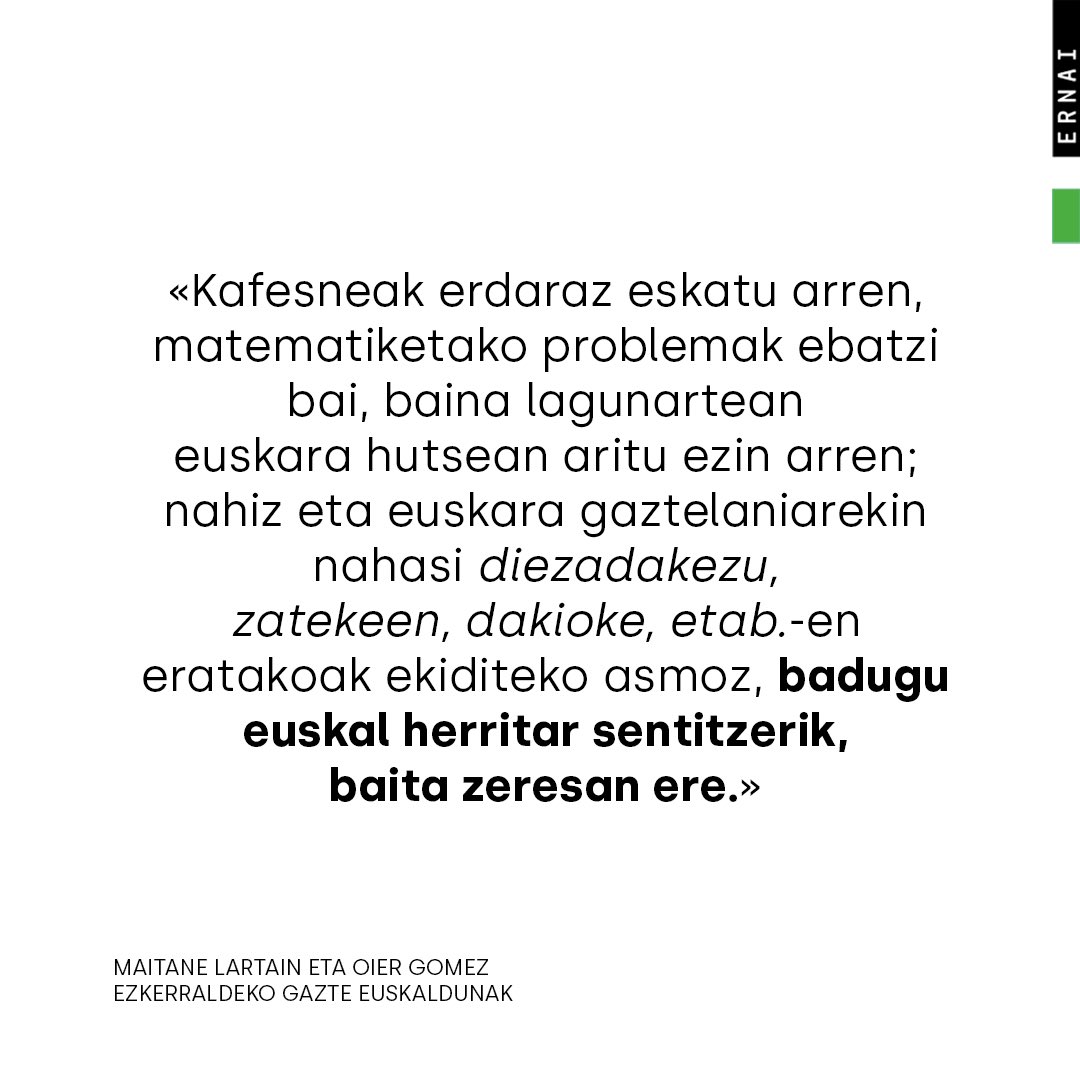 ernaiezker's tweet photo. IRITZI ARTIKULUA | «Ezkerraldekoa eta euskaraz?»

Maitane Lartain eta Oier Gomezen hitzetan Ezkerraldeko gazteok euskaraz bizi duguna jaso dute.

💥«Euskarak ezkerraldea zein ezkerraldeak euskara elkarren beharra dutela aldarrikatu beharrean gaude»

📲https://t.co/c0z6dj49yY https://t.co/EulZkoacfQ