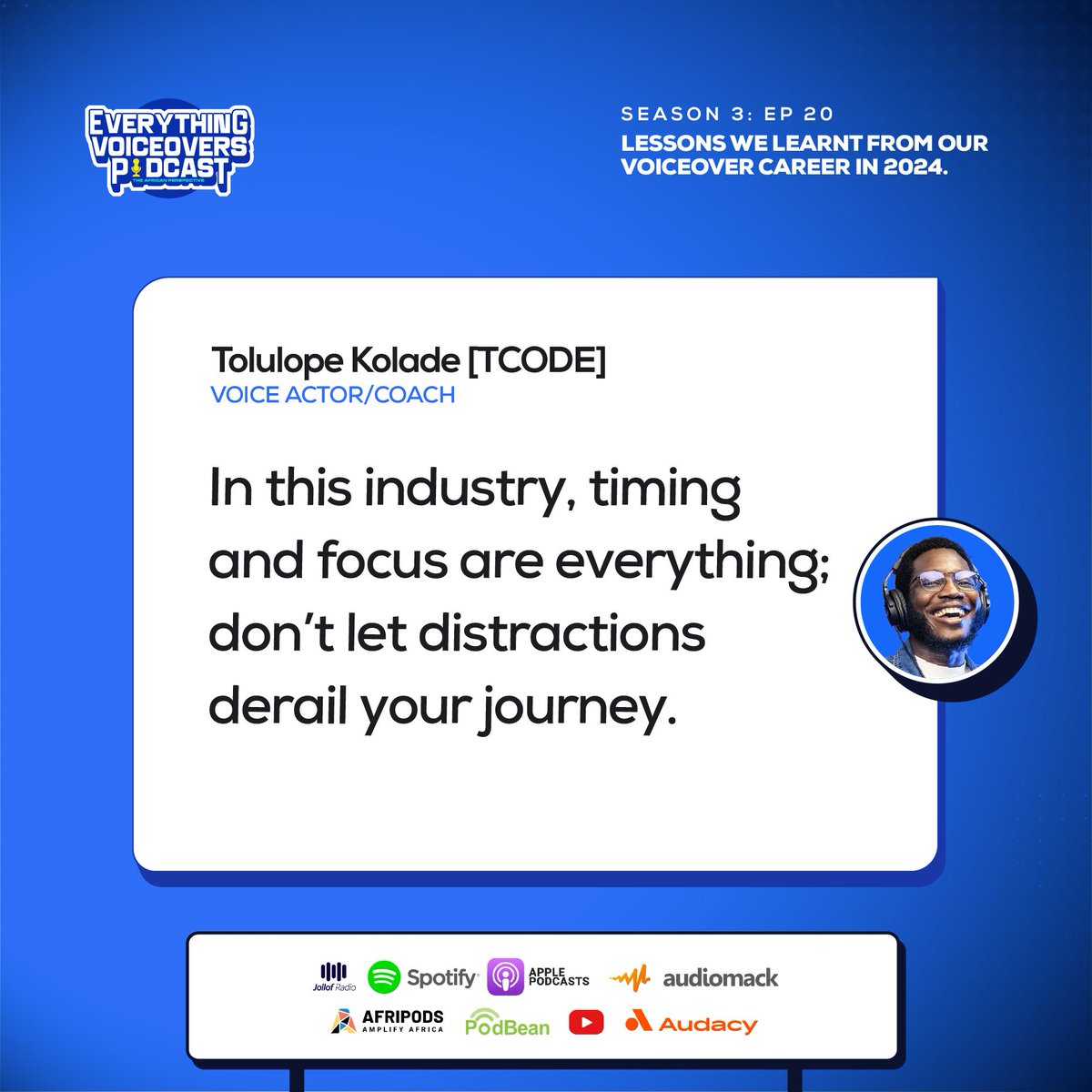 EverythingVOs's tweet photo. Here are some insightful quotes from last episode by @Tcode_70
You can still listen now. S3E20 
https://t.co/8Et0oijxvc

#tcode #voiceoverpodcast #voiceartist #podcastfinale #voiceoverlessons #mustlistenpodcast https://t.co/4yCnjVZ3Im