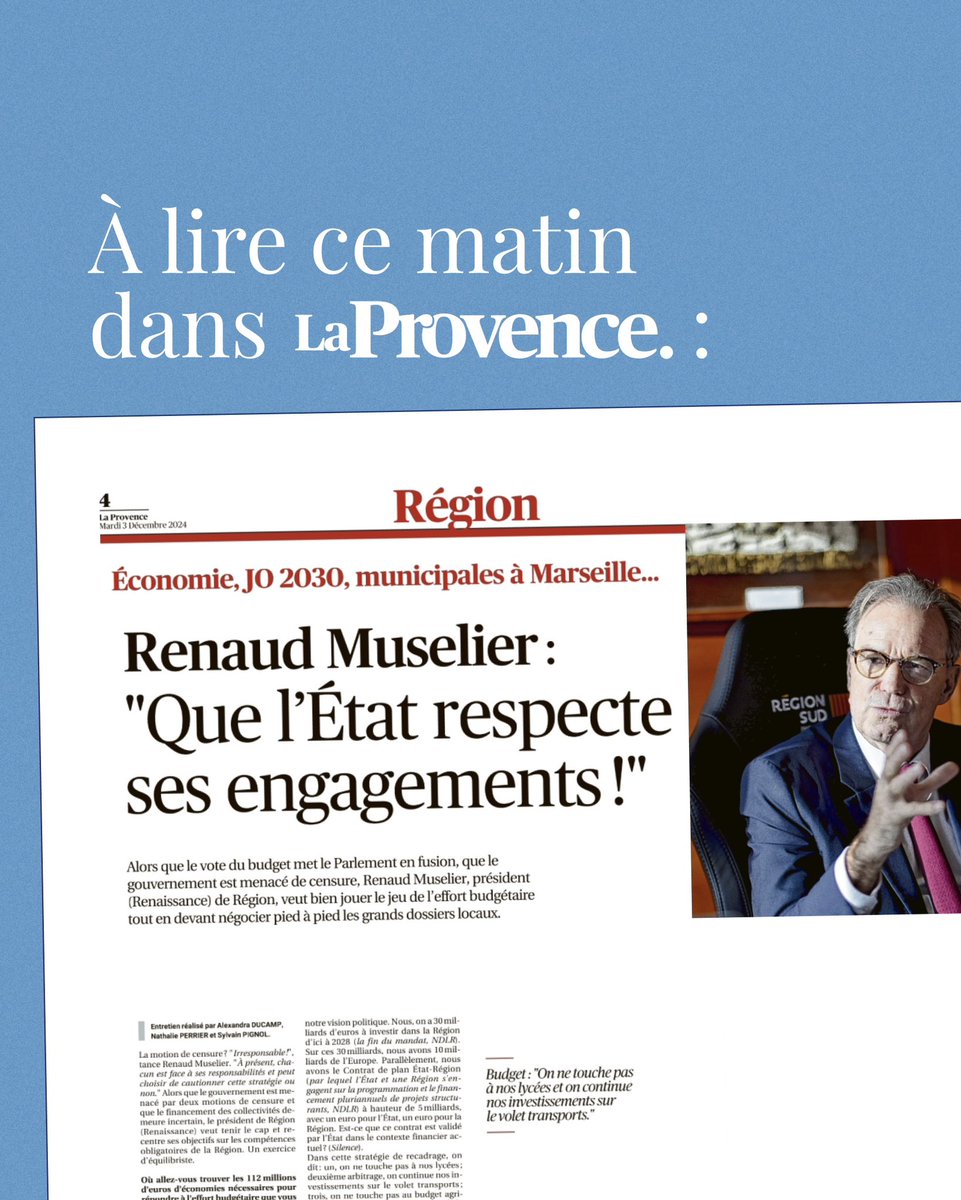 Dans <a href="/laprovence/">La Provence</a> du jour, vous pourrez retrouver mon entretien !

Jeux Olympiques et Paralympiques 2030, économie, stabilité régionale contre désordre national, élections municipales à Marseille et dans toute la région…

Une mise au point claire et nette dans tous les dossiers !