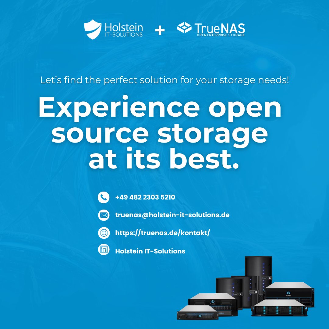 holstein_it's tweet photo. 𝐖𝐡𝐲 𝐓𝐫𝐮𝐞𝐍𝐀𝐒?
As the leader in open source storage, TrueNAS harnesses the power of  OpenZFS to deliver enterprise-grade solutions trusted by professionals worldwide.

🔗 𝐋𝐞𝐚𝐫𝐧 𝐦𝐨𝐫𝐞: https://t.co/hDhYoV5deJ

#TrueNAS #OpenSourceStorage #TrueNASEurope https://t.co/ePrj39MzfG