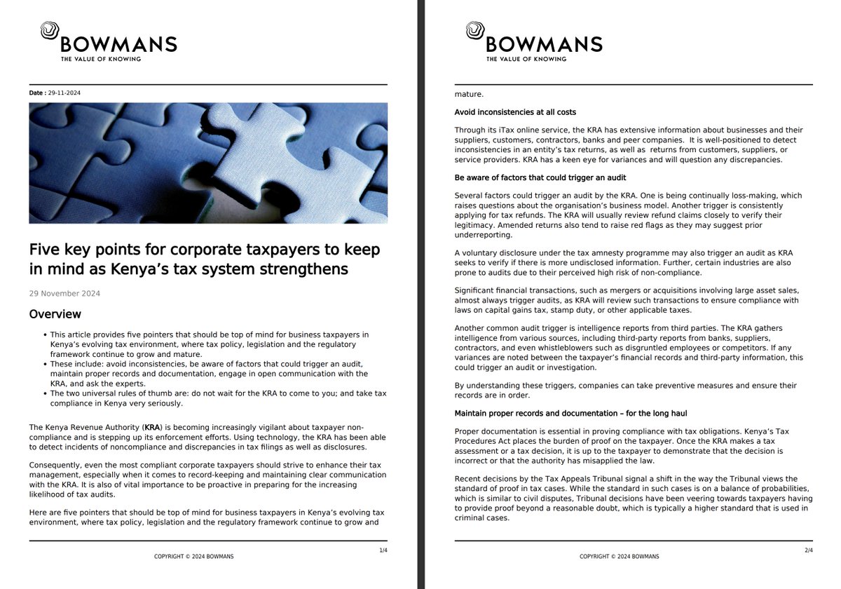 MwangoCapital's tweet photo. Bowmans is sharing some 5 key points for corporate taxpayers to keep in mind:

"The two universal rules of thumb are: do not wait for the KRA to come to you; and take tax compliance in Kenya very seriously" https://t.co/p7B5tWRyw6