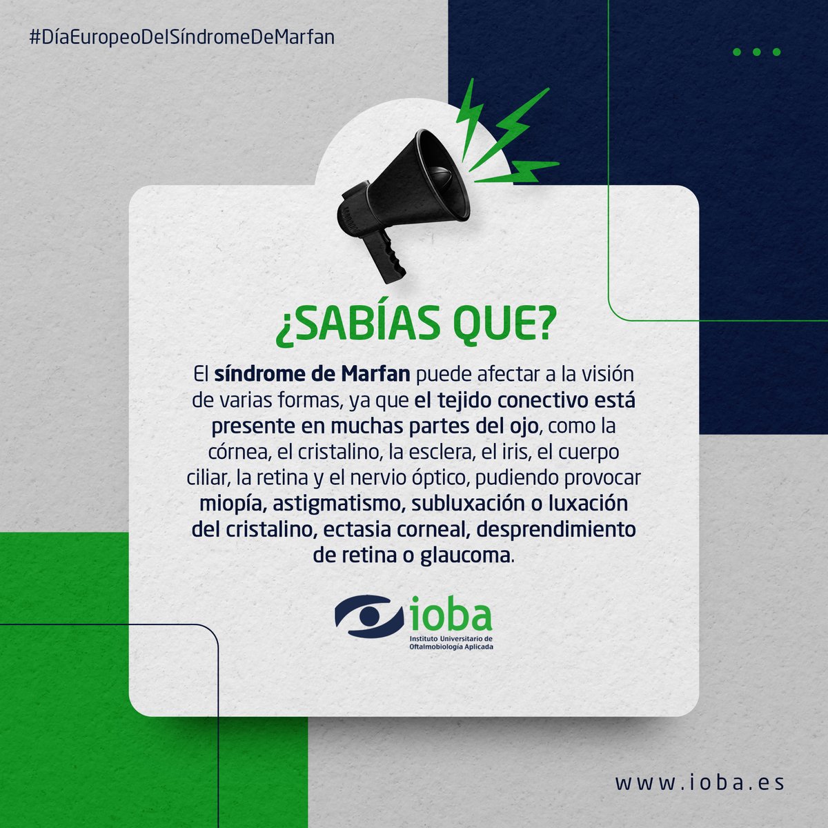 IobaUVa's tweet photo. Hoy es el #DíaEuropeoDelSíndromeDeMarfan, una enfermedad genética causada por una mutación en el gen FBN1, que afecta el tejido conectivo del cuerpo humano, también presente en muchas partes del ojo, y que puede provocar #ProblemasVisuales.
#IOBA #SaludVisual #SíndromeDeMarfan https://t.co/JKWyzjRa2a