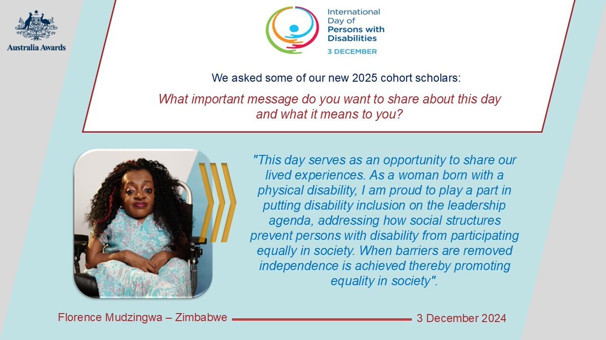 AusEmbZim's tweet photo. On International Day of Persons with Disabilities, we are proud to share the inspiring stories of 🇿🇼, 🇿🇲&amp; 🇲🇼@AustraliaAwards Scholarship recipients, Florence, Meda and Naomi will all commence their studies in Australia in 2025. https://t.co/XMRWvyWvIk