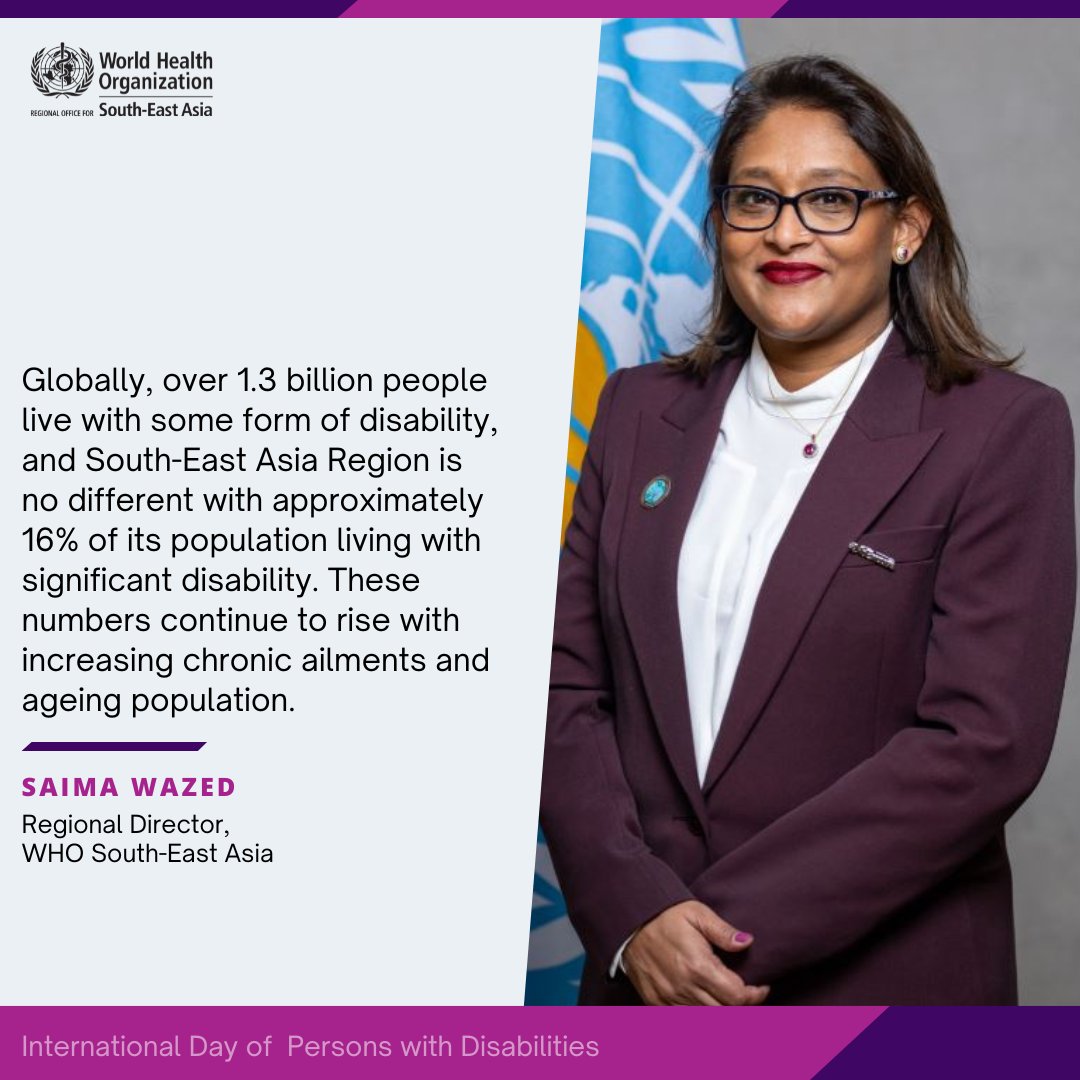 WHOSEARO's tweet photo. On #InternationalDayOfPersonswithDisabilities, Regional Director @drSaimaWazed draws attention to the increasing number of people with #disabilities.

#DisabilitiesDay https://t.co/JMGM4R3c5u