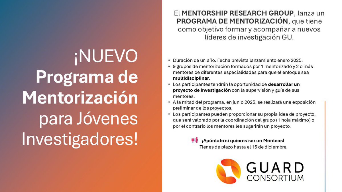 GUARD Consortium (@guardconsortium) on Twitter photo El Mentorship Research Group de <a href="/GuardConsortium/">GUARD Consortium</a> lanza el Programa de Mentorización para jóvenes investigadores. Es tu oportunidad para desarrollar un proyecto de investigación dentro de <a href="/GuardConsortium/">GUARD Consortium</a>, ¡te esperamos!
Más información aquí: form.jotform.com/243172342980355 El Mentorship Research Group de <a href="/GuardConsortium/">GUARD Consortium</a> lanza el Programa de Mentorización para jóvenes investigadores. Es tu oportunidad para desarrollar un proyecto de investigación dentro de <a href="/GuardConsortium/">GUARD Consortium</a>, ¡te esperamos!
Más información aquí: form.jotform.com/243172342980355