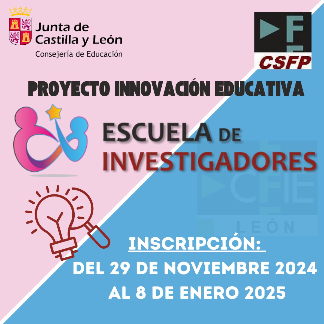 CFIEdeLeon's tweet photo. 🚨🚨PIE "ESCUELA DE INVESTIGADORES"  🔍💡@educacyl @CSFPJCYL 

📩INSCRIPCIÓN: hasta el 8⃣ de enero de 2025.

ℹ️ Convocatoria e inscripción: https://t.co/142mBk29a2

@formaciónCyL https://t.co/8Ro5ofmK1b