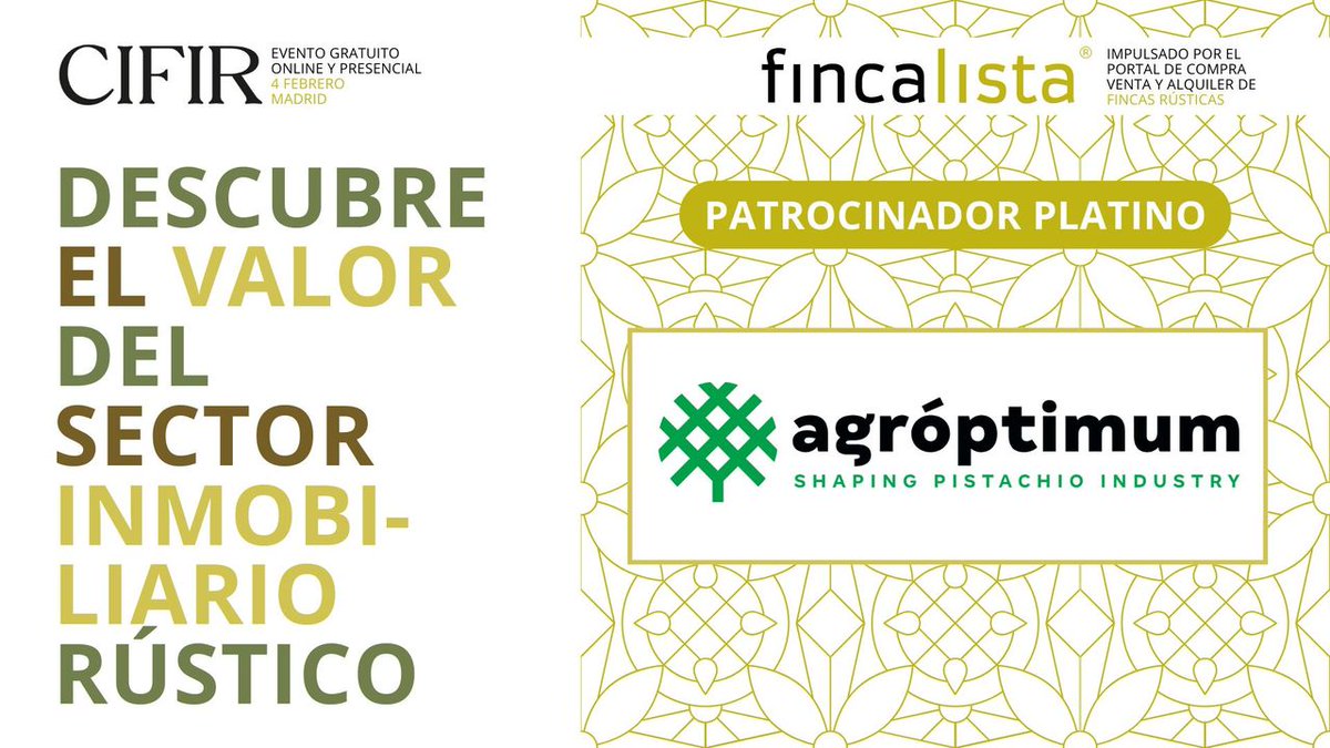 Desde Fincalista agradecemos a Agróptimum por su apoyo como patrocinador en el CIFIR 2025. 👏

Son líderes en el cultivo del pistacho y un gran referente en innovación agrícola y en el sector biotecnológico. 

👉 Inscríbete zurl.co/FDt3 

📅 4 febrero 2025