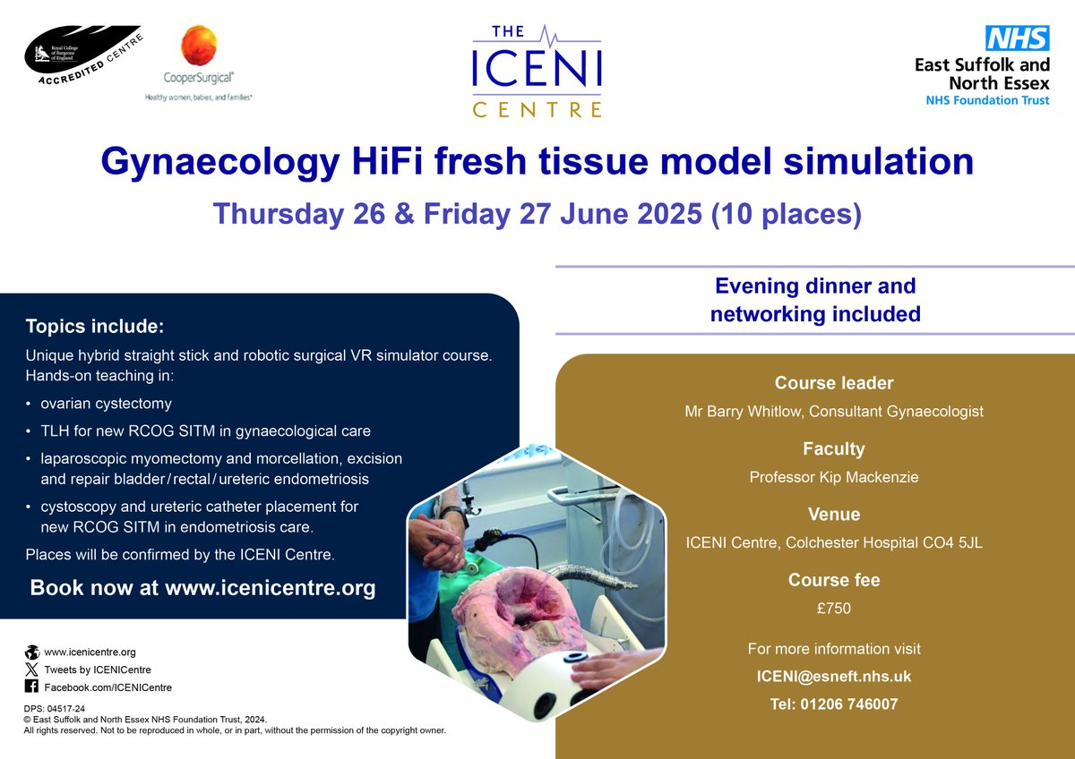 ICENI Centre (@icenicentre) on Twitter photo Gynaecology HiFi Fresh Tissue Model Simulation
Thursday 26 & Friday 27 June 2025
Includes hands-on teaching in ovarian cystectomy, TLH, lap myomectomy and morcellation, excision & ureteric catheter placement.
#gynaecology #medicaleducation
<a href="/Team_ESNEFT/">Team ESNEFT</a> <a href="/TheBSGE/">BSGE</a> <a href="/RCSnews/">The Royal College of Surgeons of England</a> Gynaecology HiFi Fresh Tissue Model Simulation
Thursday 26 & Friday 27 June 2025
Includes hands-on teaching in ovarian cystectomy, TLH, lap myomectomy and morcellation, excision & ureteric catheter placement.
#gynaecology #medicaleducation
<a href="/Team_ESNEFT/">Team ESNEFT</a> <a href="/TheBSGE/">BSGE</a> <a href="/RCSnews/">The Royal College of Surgeons of England</a>