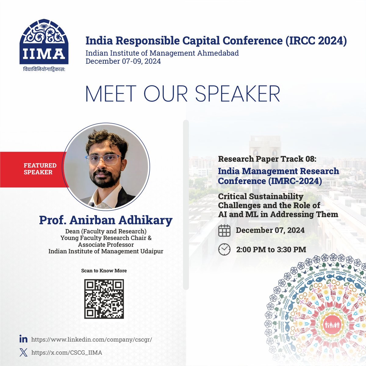 Excited to announce Prof. <a href="/AdrijaMajumdar_/">Adrija Majumdar</a>  &amp; Prof. <a href="/anirbanadhikary/">Anirban</a>  as speakers at IRCC 2024, co-located with IMRC 2024!
On Dec. 07, 2024, they will be conducting workshops on ESG for PhD scholars &amp; young faculty, 

#IMRC2024 #IRCC2024

<a href="/anishsugathan/">Anish Sugathan</a> <a href="/adymoses/">Aditya Moses</a> <a href="/vvidyasachi/">Dr. Vidya Vemireddy</a>