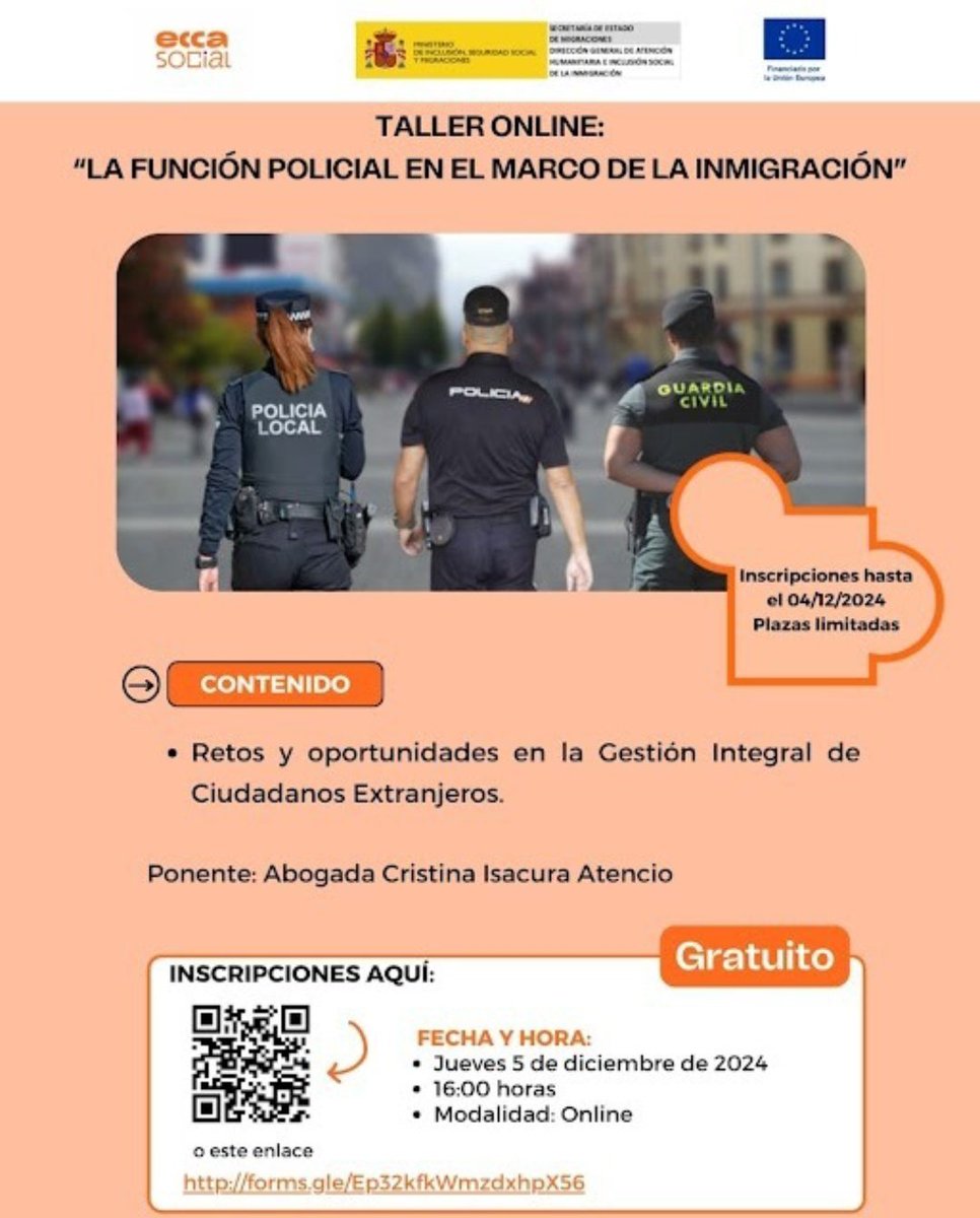 Desde Fundación ECCA Social, en su misión de sensibilizar y formar a funcionarios que pertenecen a Cuerpos y Fuerza de Seguridad del Estado a su próximo TALLER on line. <a href="/policia/">Policía Nacional</a>  <a href="/DefensorPuebloE/">Defensor del Pueblo</a>  <a href="/AUGC_Comunica/">AUGC Guardia Civil 🇪🇸</a> <a href="/policiademadrid/">Policía Municipal de Madrid</a>  Inscripciones: forms.gle/Ep32kfkWmzdxhp…
