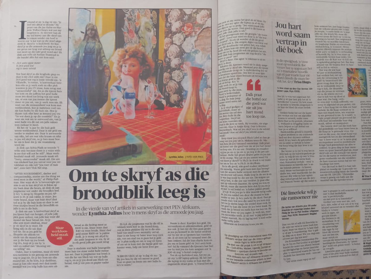 PenAfrikaans's tweet photo. In die vierde van ’n reeks van vyf artikels as deel van die @pen_int #righttowrite-projek waaraan PEN Afrikaans vanjaar deelneem, wonder Lynthia Julius hoe ’n mens skryf as die armoede jou jaag.
Lees dit hier: https://t.co/AmGT1ny5eB 

#righttowrite
#lynthiajulius https://t.co/TPthxO7iZC