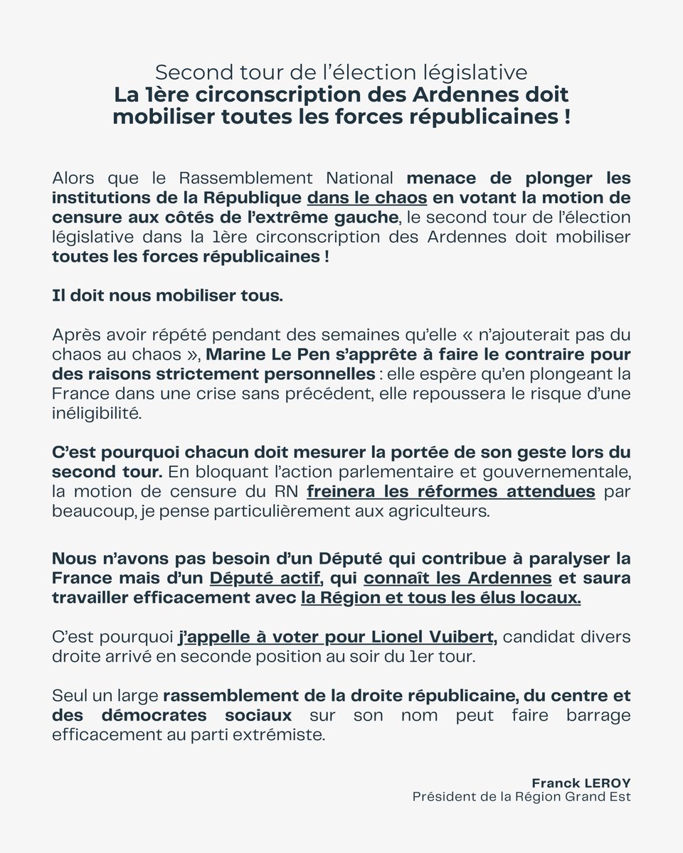 🔴 Second tour de l'élection législative partielle dans la 1ère circonscription des #Ardennes : 

Nous avons besoin d’un député actif, qui connaît les Ardennes et saura travailler efficacement avec la Région et tous les élus locaux.

C’est pourquoi j’appelle à voter pour
