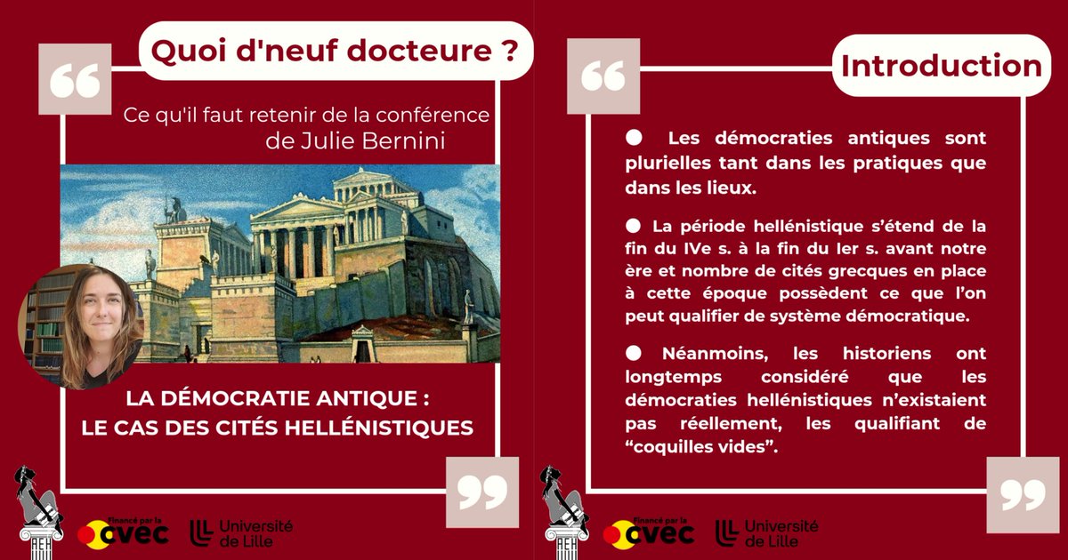 AehLille's tweet photo. Retour sur les points importants abordés par @bernini_julie lors de sa conférence à @FHUMA_ULille sur la démocratie antique : le cas des cités hellénistiques.

Nous remercions chaleureusement Julie Bernini pour sa conférence ainsi que tous ceux qui ont pu y assister ! https://t.co/TJACafEcJK