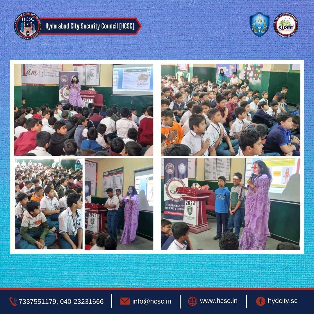 HCSC_Hyd's tweet photo. HCSC conducted Child & Traffic Safety sessions at Springfield Boys High School, Tolichowki. Led by Ms. Sofia Haseeb & Mr. Najamuddin, students gained essential safety knowledge. Thanks to Arjuman Rana Ma'am & the management. #ChildSafety #TrafficSafety #HCSCInitiatives #WeCoP https://t.co/XoZFiJFZhS