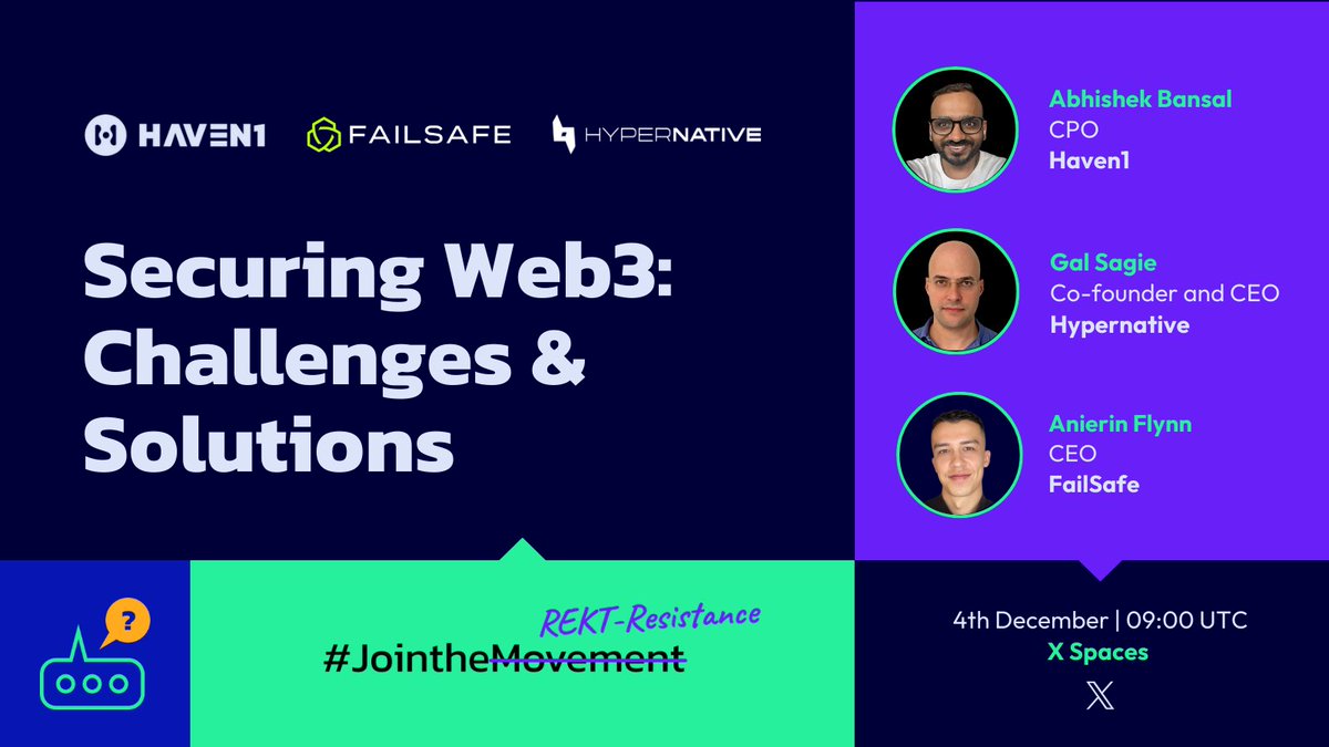 Haven1official's tweet image. 🚨 Join us for an exclusive conversation on Security in Web3. Tomorrow, Dec 4, at 9 AM UTC!

We’ll explore cutting-edge solutions for blockchain security with founders from @Hypernativelabs and @getfailsafe, alongside Haven1’s CPO, @askabhibansal.

Don’t miss this deep dive into…