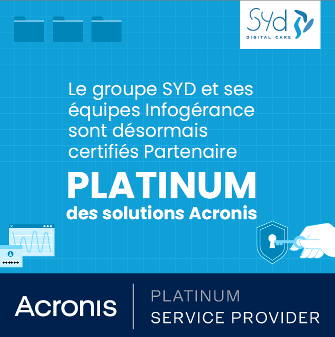 ✨ Le groupe SYD et ses équipes Infogérance sont désormais certifiés Partenaire PLATINUM des solutions <a href="/Acronis/">Acronis</a>  ! Une reconnaissance qui nous permet d’accompagner nos clients encore plus loin dans leurs projets de #sauvegarde de #données et dans leurs enjeux de #cybersécurité.