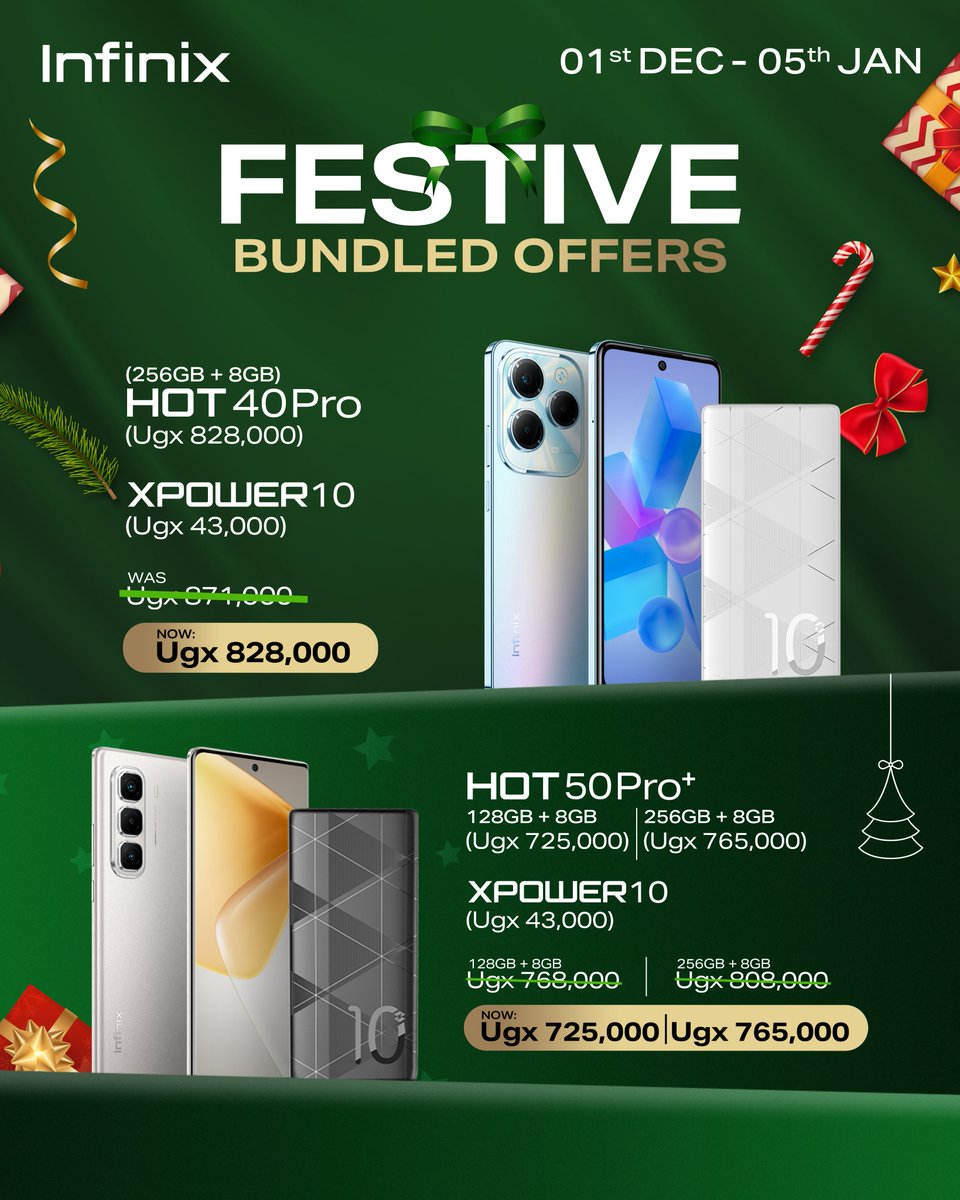 infinixuganda's tweet image. SANTA from INFINIX has come in early!
Comes with options of either the #infinixHOT50pro+ plus the #XPOWER10 all at only UGX725,000 to keep you going through the day OR the #infinixHOT40pro plus the #XPOWER10 at only UGX828,000.
Offer limited from 01st DEC - 05th JAN.