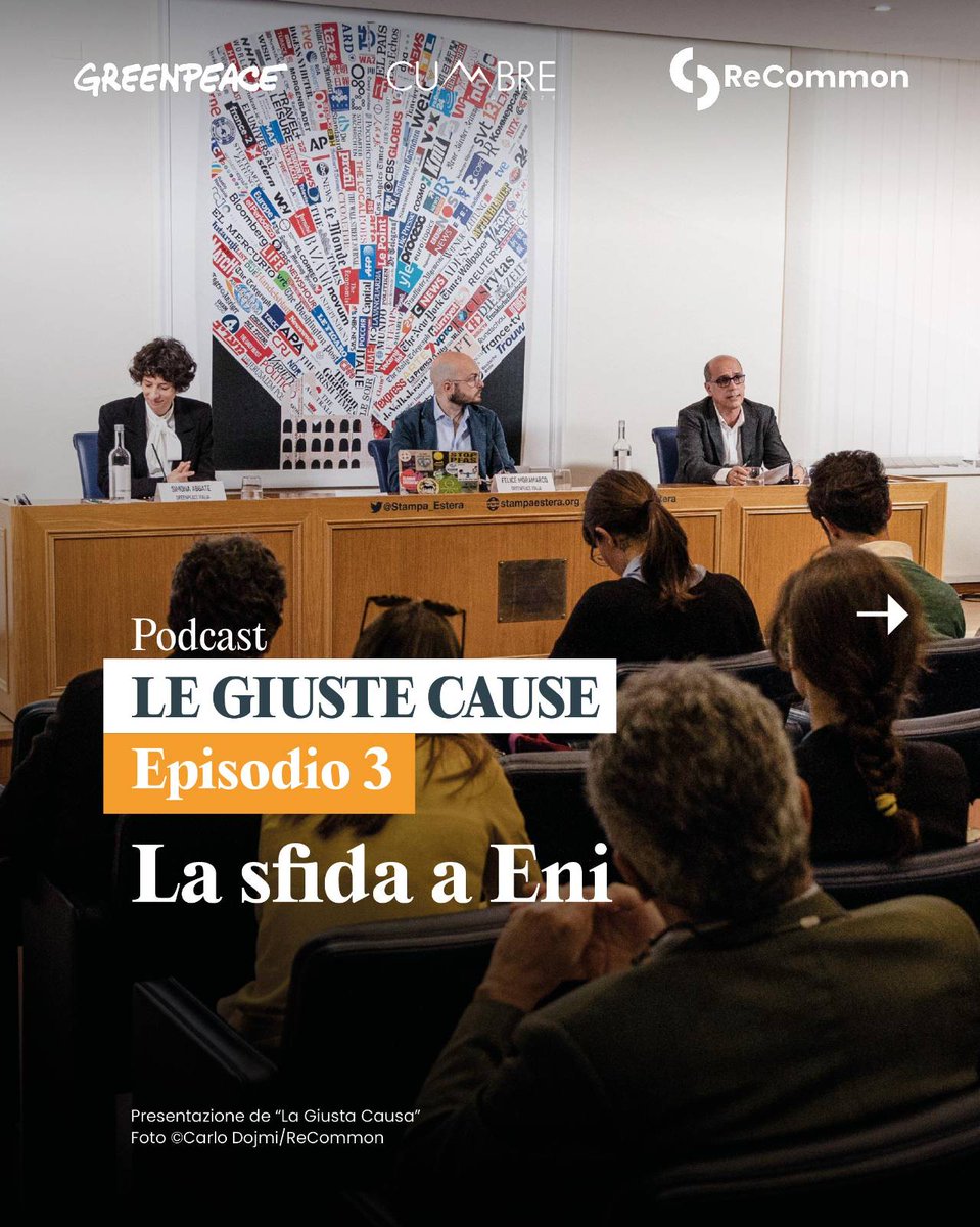Recommon's tweet photo. ⚖️Nel maggio del 2023, insieme a @Greenpeace_ITA e a 12 cittadine e cittadini, abbiamo deciso di fare causa a  #ENI, una delle aziende simbolo 🇮🇹, ma anche una delle più inquinanti e fra le principali responsabili del cambiamento climatico. 

🎙️È la prima climate litigation in Italia contro un’azienda privata e l’abbiamo chiamata: La Giusta Causa. In questo 3o episodio del nostro podcast "Le Giuste Cause" ti raccontiamo come è nata e a che punto siamo.
👇
https://t.co/wsGndkY4Jk