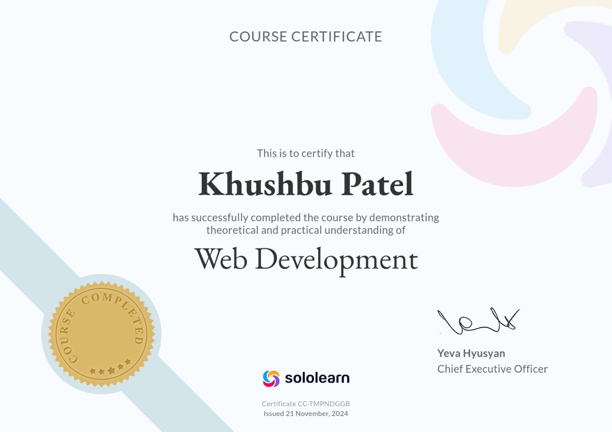 Khushbu696's tweet photo. I’m thrilled to announce that I’ve successfully completed the Web Development Course on Sololearn and earned my certificate! 🎉

This journey has given me a strong foundation in web development and honed my skills in creating responsive and functional websites. https://t.co/uQZqH37SbC