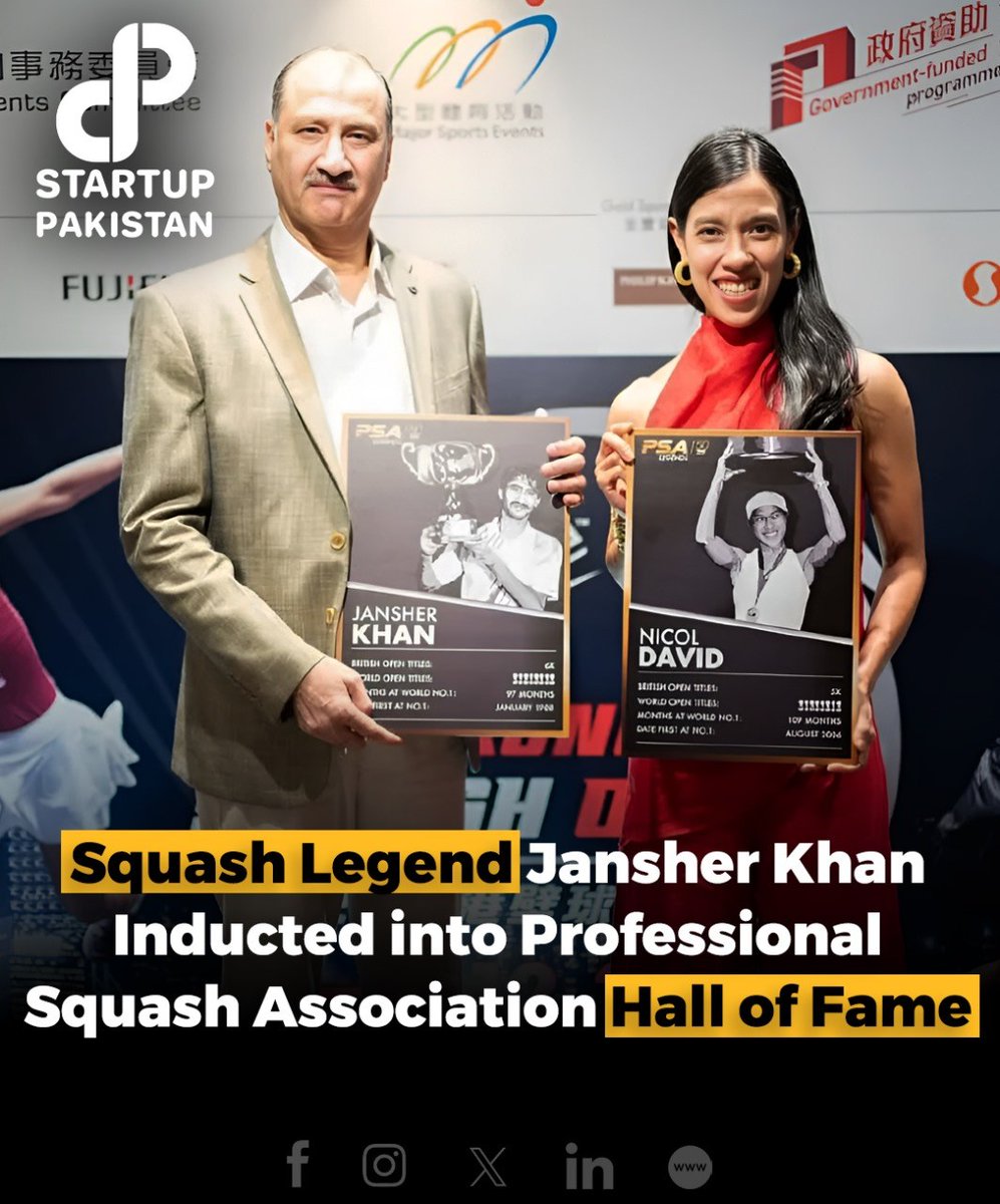 PakStartup's tweet photo. Squash legends Nicol David and Jansher Khan were inducted into the PSA Hall of Fame at a ceremony in Hong Kong, joining pioneers like Susan Devoy and Jahangir Khan.
#SquashLegends #PSAHallOfFame #NicolDavid #JansherKhan #SquashHistory https://t.co/mWyaFEUquI