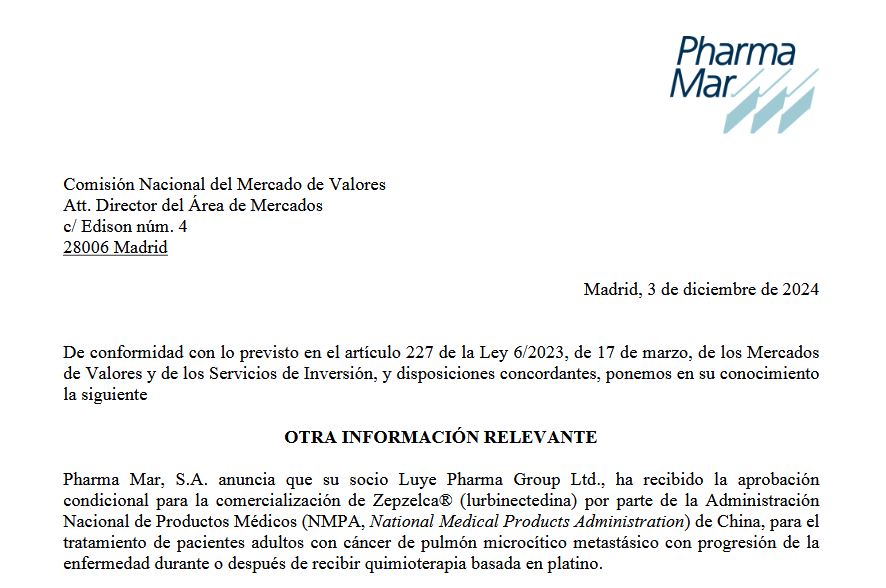 precioobjetivo's tweet photo. #PHMR #Pharmamar 👩‍🔬🧑‍🔬

✅Pharmamar recibe la aprobación de Zepzelca en China. https://t.co/2uOL1QKqGN