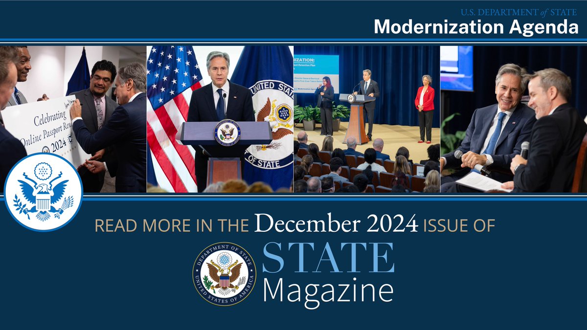 The <a href="/StateDept/">Department of State</a> #Modernization effort has yielded substantial progress across 3 pillars: Critical Missions, Workforce Reforms, Risk and Innovation. 
Learn more about the implementation of these reforms in the December 2024 issue of <a href="/StateMag/">statemag</a> : 
statemag.state.gov/2024/12/modern…