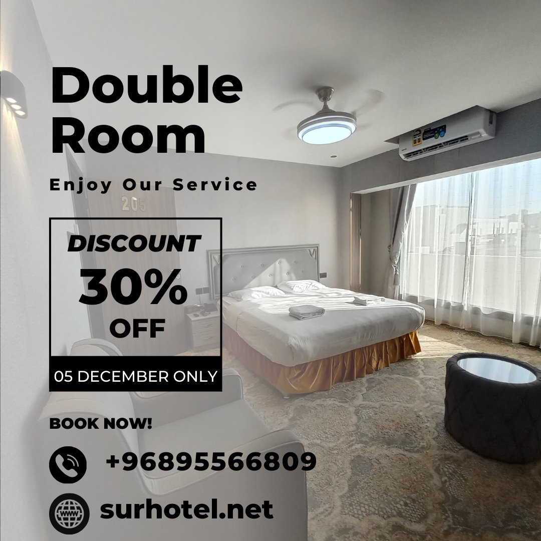 surhotel's tweet photo. 🌟 Exclusive Offer: 30% Off Double Rooms! 🌟
Escape to Sur Hotel from Dec 5-7, 2024 and enjoy a 30% discount on our Double Rooms! Experience comfort, luxury, and savings all in one. Book now!
📞 +96895566809 (WhatsApp)
🌐 https://t.co/KOjQMDhZ5O
📧 booking@surhotel.net https://t.co/lE4x198dDM