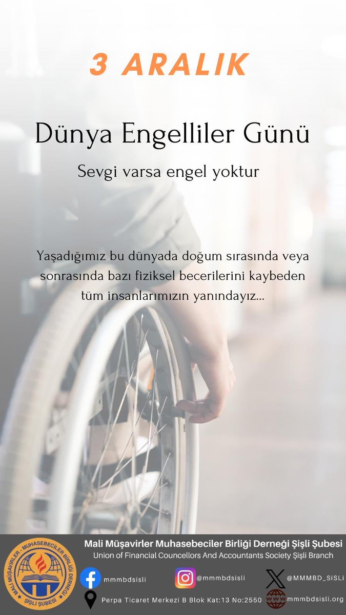 Engeller, yalnızca fiziksel değildir. Hep birlikte, her bireyin özgürce yaşam haklarını savunmalıyız. Dünya Engelliler Günü'nde farkındalığı artırarak, hepimize daha eşit bir dünya sunalım.
MMMBD Şişli Yönetimi

#3aralikdünyaengelli̇lergünü 
#3aralıkdünyaengellilerfarkındalıkgünü