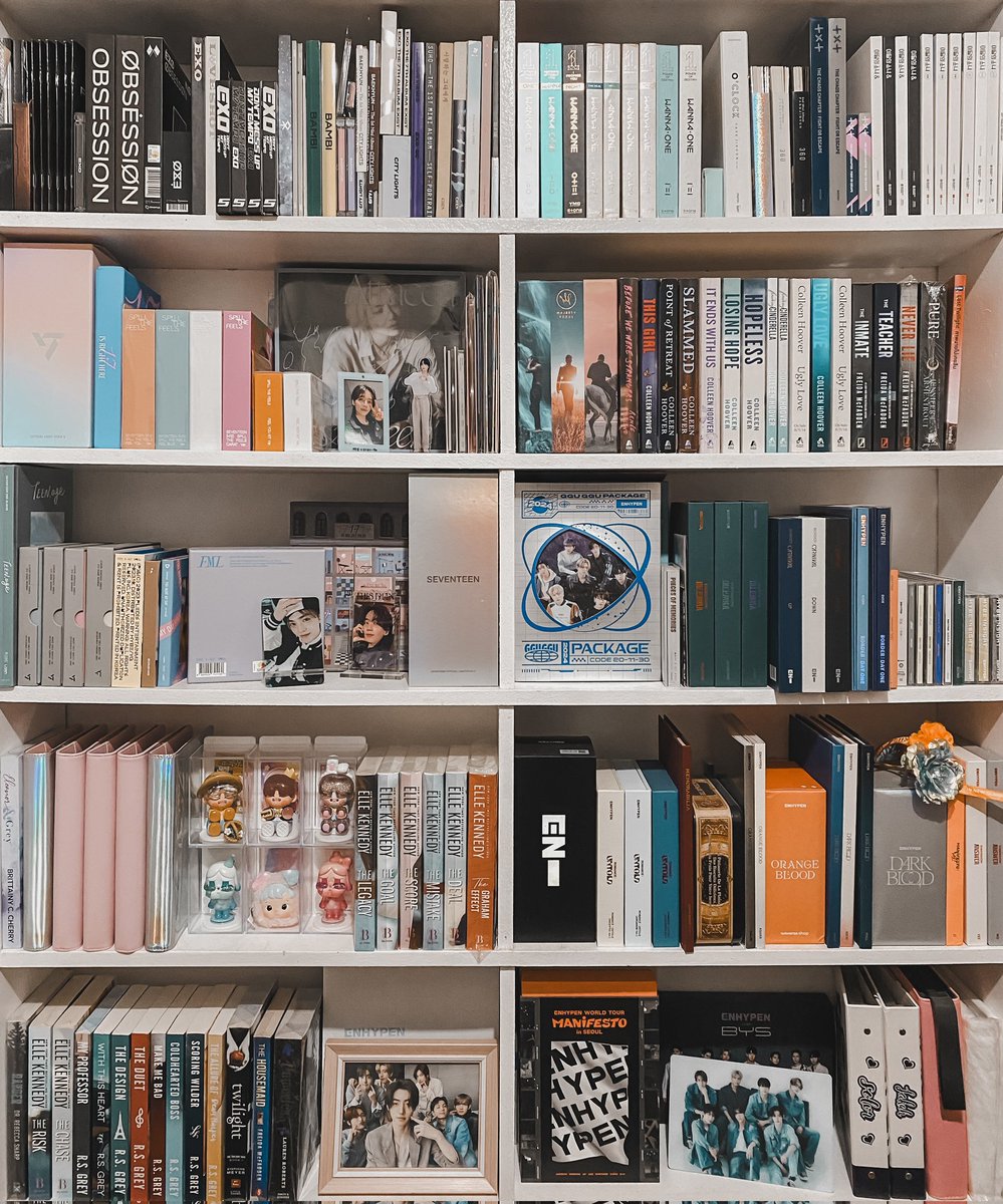 10zerozero4yjh's tweet image. books and kpop merch shelf 🤍✨️