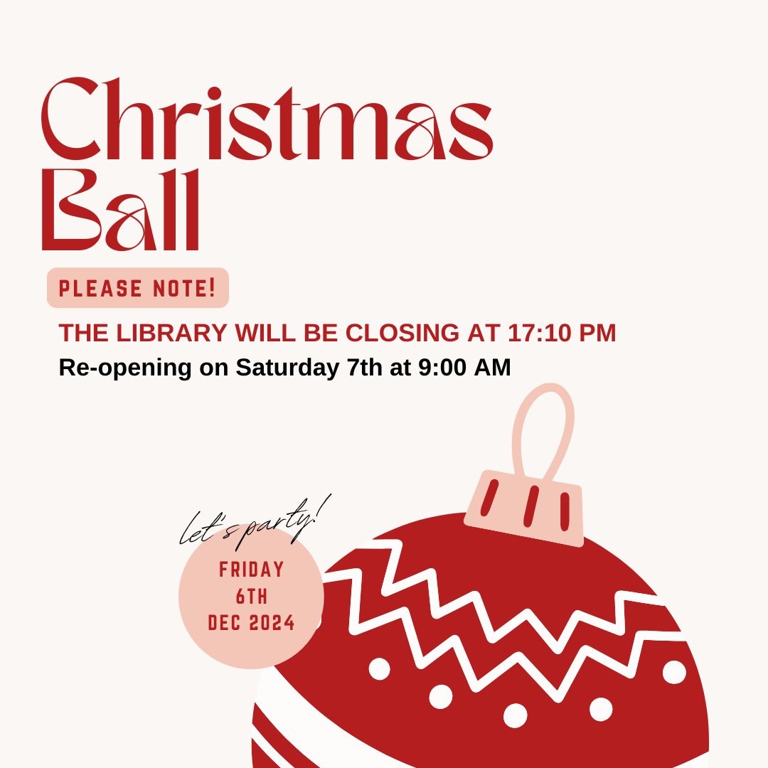 HarperAdamsLibr's tweet photo. ✨Friday 6th December✨ The Library will be closing at 17:10pm for the Christmas Ball. Re-opening at 9am on Saturday 7th. Enjoy the festivities! https://t.co/ZIxG8ntnAf