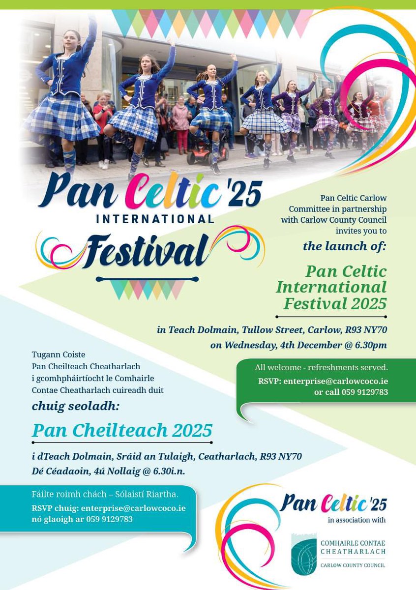 Déanfar Féile Idirnáisiúnta Pan Cheilteach '25 a sheoladh go hoifigiúil in Teach Dolmain, Sráid an Tulaigh, Ceatharlach oíche amárach,  Dé Céadaoin 4ú Nollaig @ 6.30pm. Beidh fáilte roimh chách.
