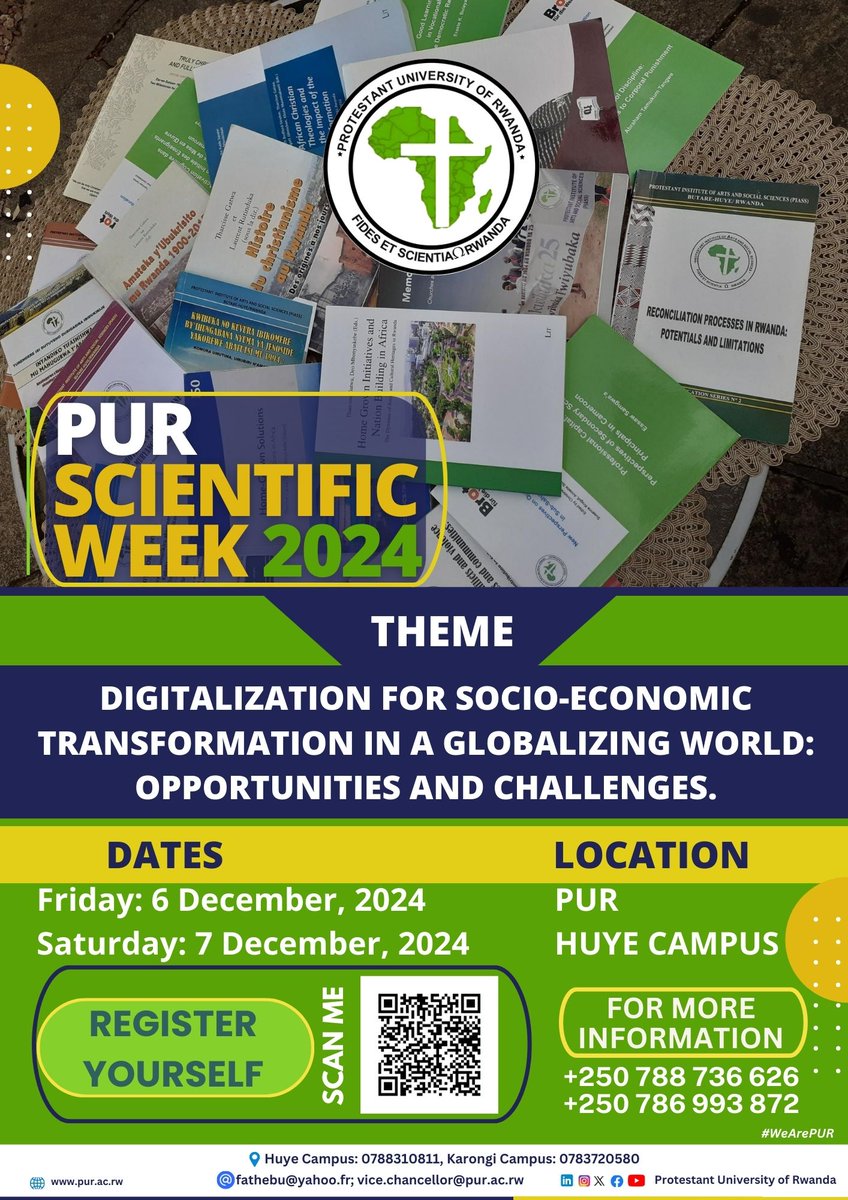 PUR_RWANDA's tweet photo. π’πππ ππππππππ
ππ ππππ ππ πππππ’
We are pleased to invite you to our 11th Scientific Week 2024.
Theme: #Digitalization for Socio-#Economic Transformation in a #Globalizing World: Opportunities & Challenges.
π6-7/12/2024
π―PUR Huye Campus.
#WeArePUR https://t.co/tRKap3q7El