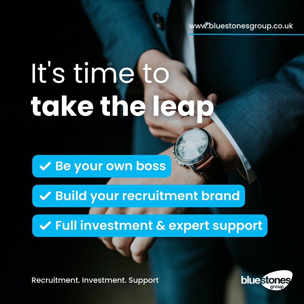 If it's time you took the leap &amp; launched your own business, you can massively reduce the associated costs &amp; risks with full investment and expert support from Bluestones. Be your own boss, but don't risk it all on your own.

#facilitatingdreams #recruitment #recruitmentstartup